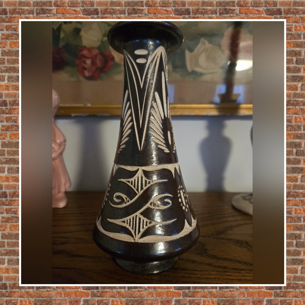 Handcrafted brown and tan etched  pottery